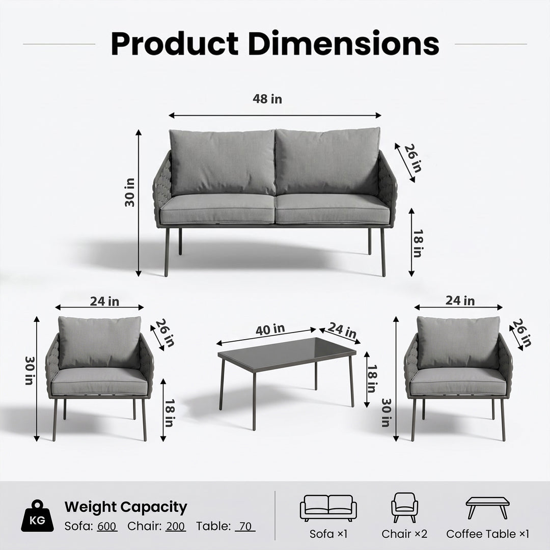 Mirra Outdoor Garden Balcony Sofa Set 2 Seater , 2 Single Seater 1 Center Table Set (Grey) Braided and Rope