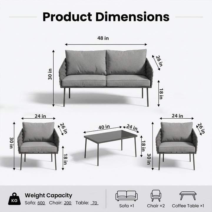 Mirra Outdoor Garden Balcony Sofa Set 2 Seater , 2 Single Seater 1 Center Table Set (Grey) Braided and Rope