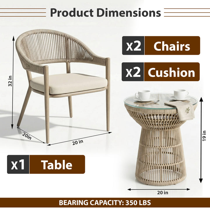 Remar Outdoor Patio Seating Set 2 Chairs and 1 Table Set (Beige) Braided & Rope