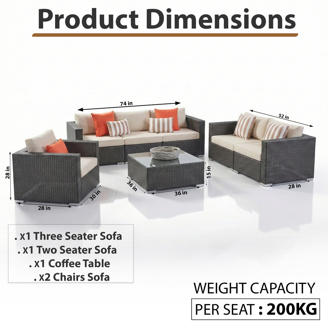 Torino Outdoor Garden Balcony Sofa Set 3 Seater, 2 Seater With 2 Single Seater and 1 Center Table With 1 Side Table Set (Brown)