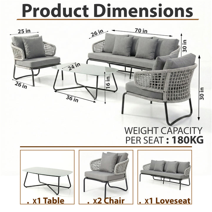 Velory Outdoor Sofa Set 3 Seater , 2 Single seater and 1 Center Table Set (Grey) Braided & Rope