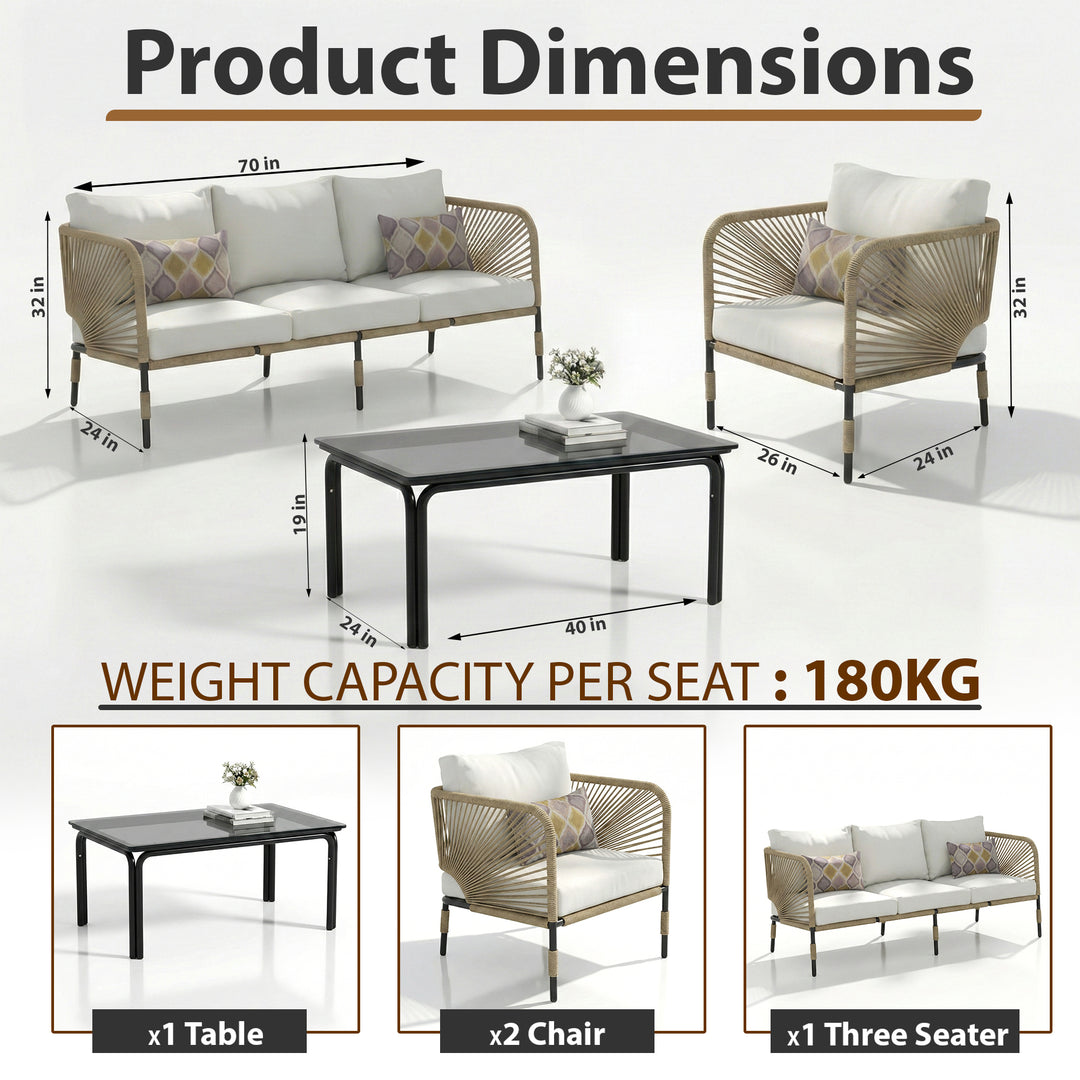 Kylie Outdoor Sofa Set 3 Seater , 2 Single seater and 1 Center Table Braided & Rope