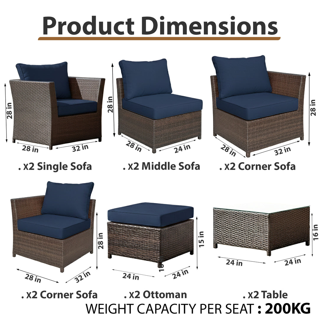 Nura Outdoor Garden Balcony Sofa Set  4 Seater, 2 seater,  2 Single Seater with 2 ottoman and 2 Center Table Set (Brown)
