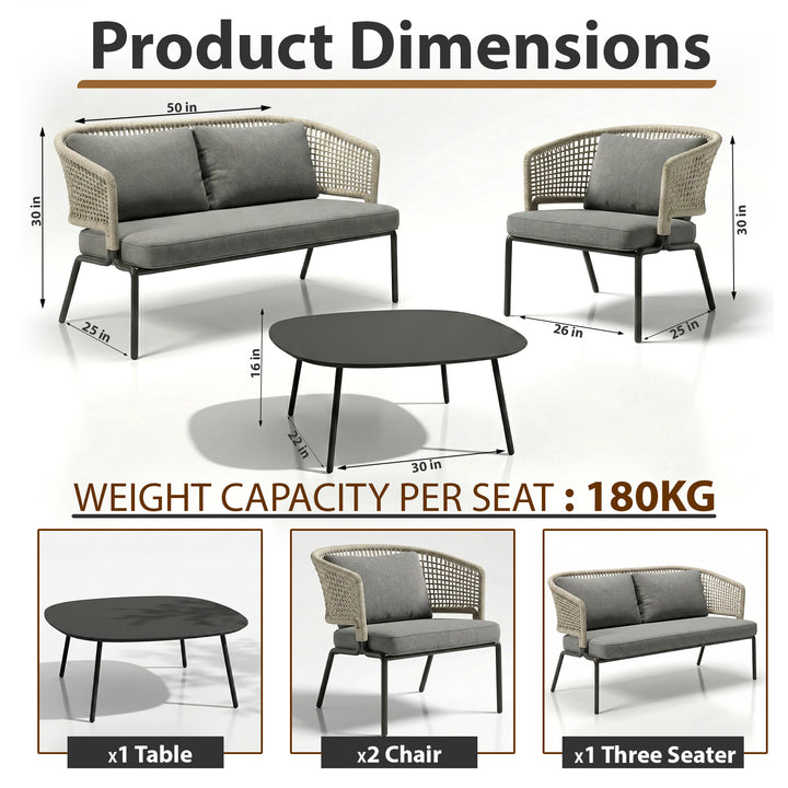Perola Outdoor Garden Balcony Sofa Set 2 Seater , 2 Single Seater 1 Center Table Set (Grey) Braided and Rope