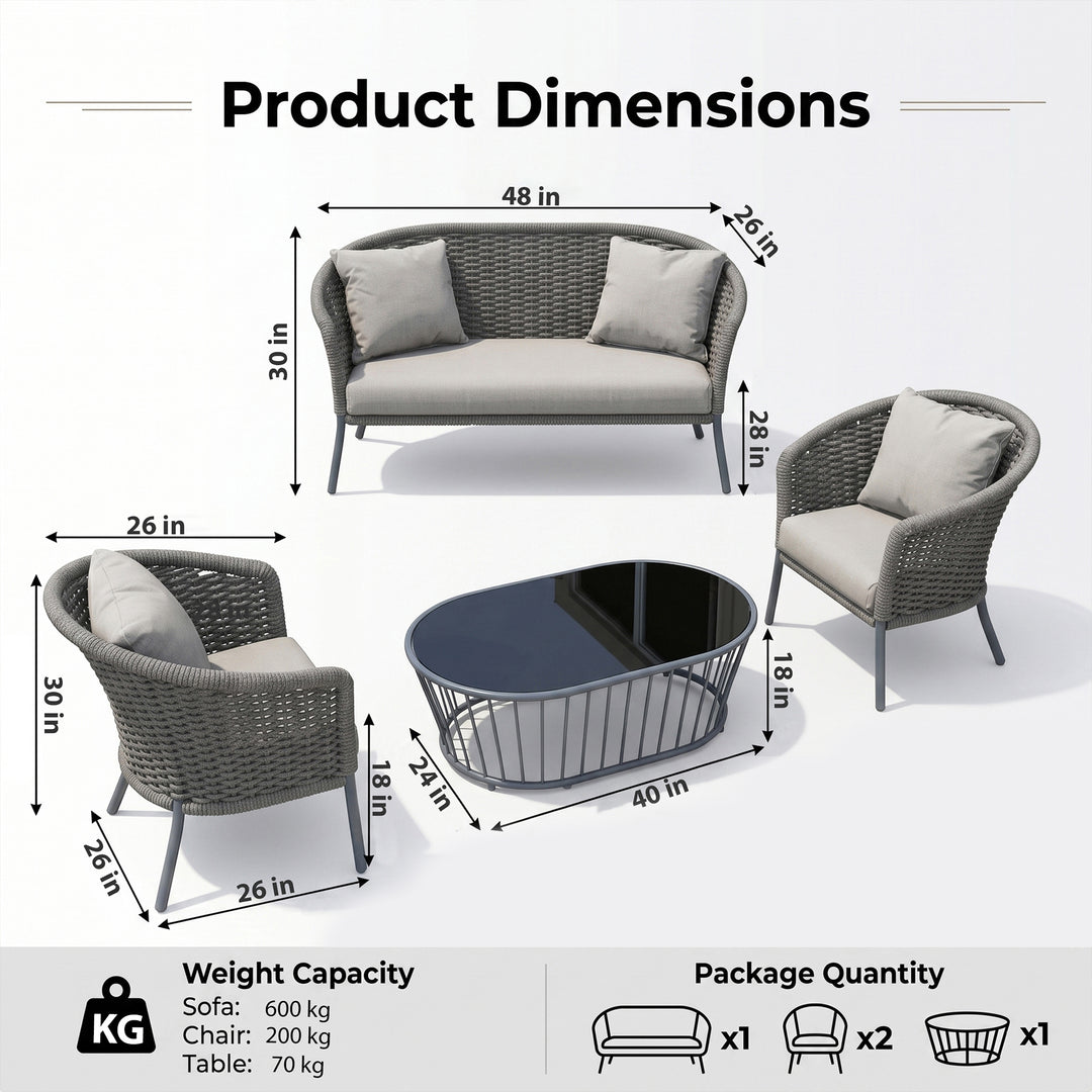 Eira Outdoor Garden Balcony Sofa Set 2 Seater , 2 Single Seater 1 Center Table Set (Black) Braided and Rope