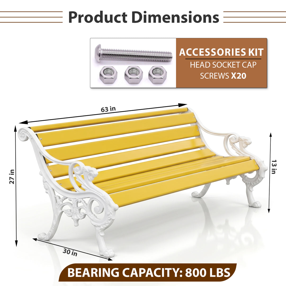 Pryce Cast Iron 3 Seater FRP Garden Bench for Outdoor Park - (White + Yellow)