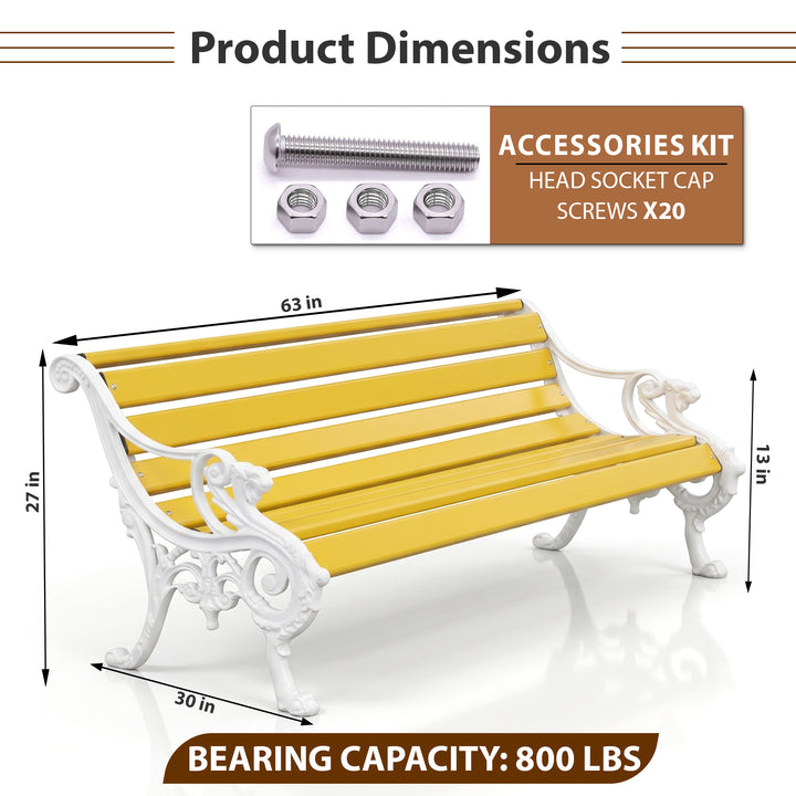 Pryce Cast Iron 3 Seater FRP Garden Bench for Outdoor Park - (White + Yellow)