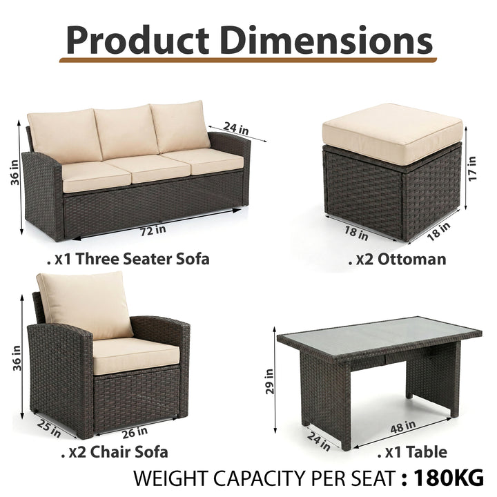 Umile Outdoor Garden Balcony Sofa Set 3 Seater, 2 Single seater, 2 Ottoman and 1 Center Table Conversation Set (Brown)