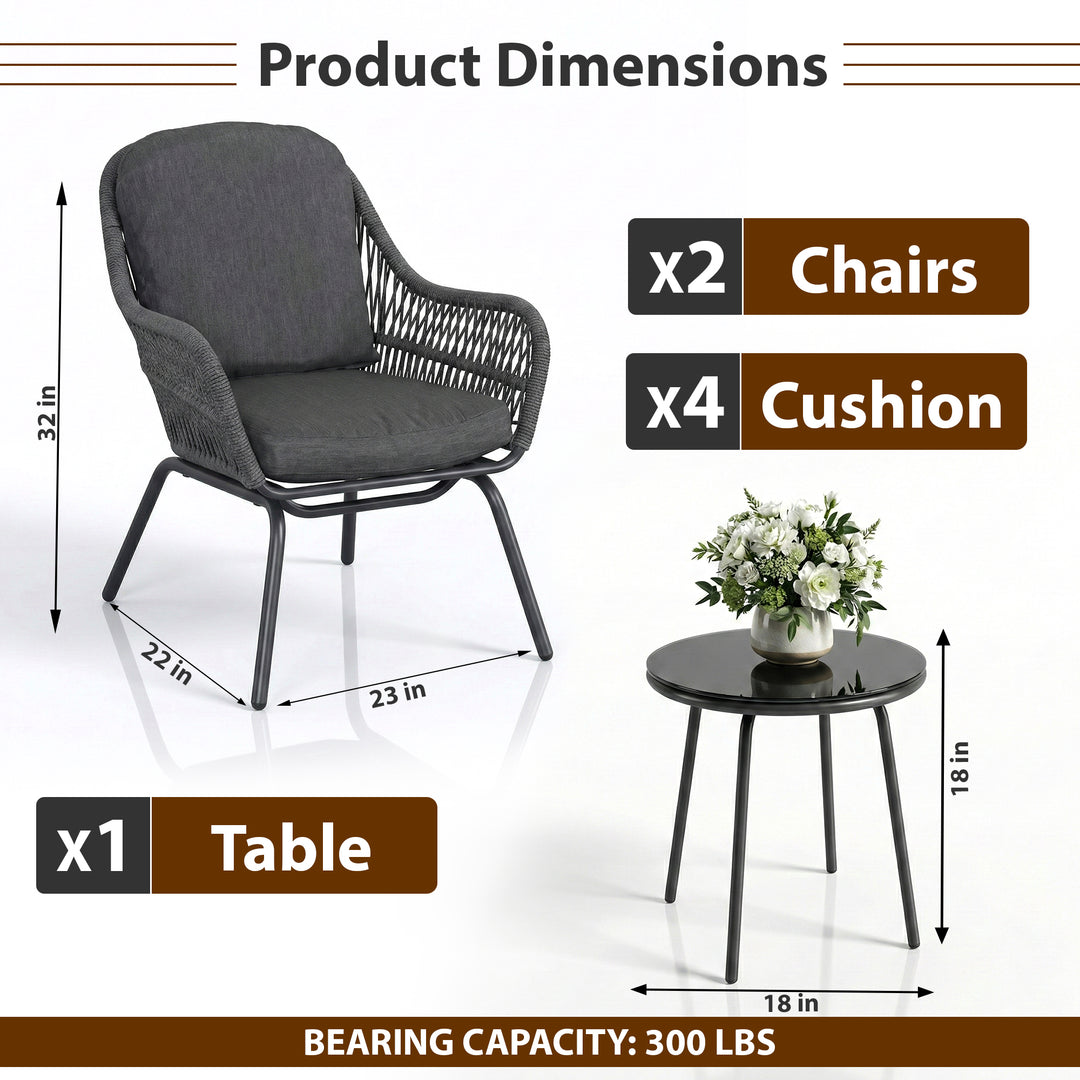 Pillar Outdoor Patio Seating Set 2 Chairs and 1 Table Set (Dark Grey) Braided & Rope