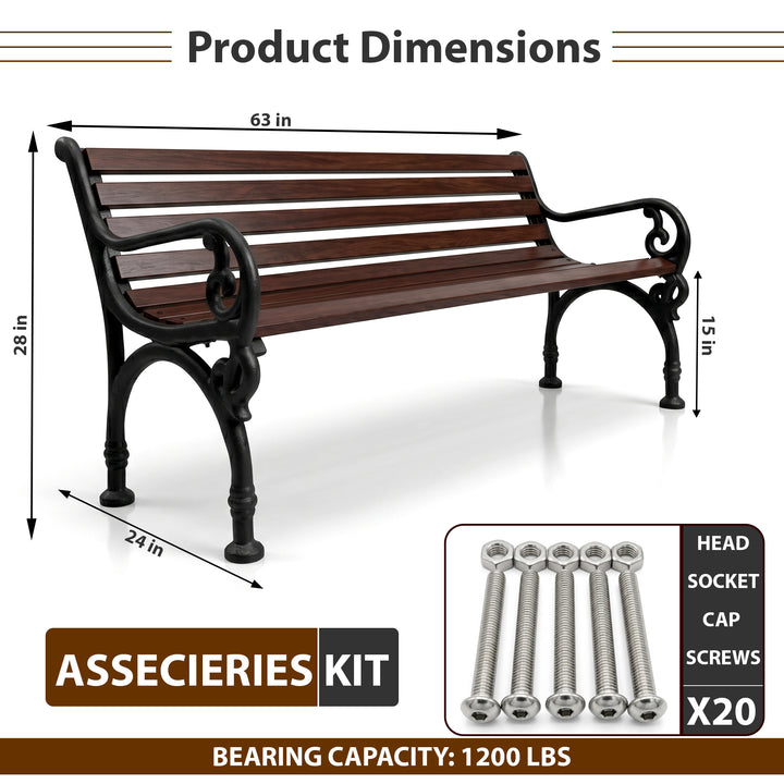 Ruben Cast Iron 3 Seater Garden Bench for Outdoor Park - (Brown)