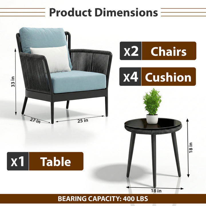 Conti Outdoor Patio Seating Set 2 Chairs and 1 Table Set (Grey) Braided & Rope