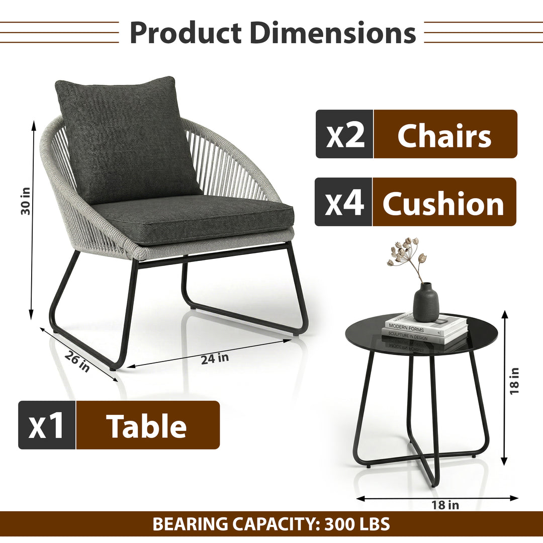Neva Outdoor Patio Seating Set 2 Chairs and 1 Table Set (Grey) Braided & Rope