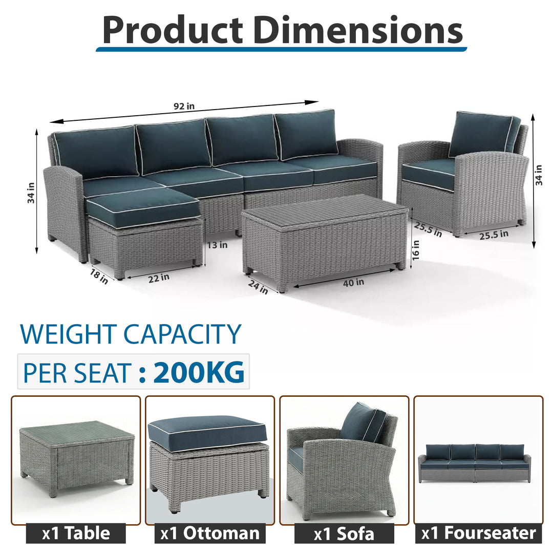 Kuisi Outdoor Garden Balcony Sofa Set 4 Seater, 1 Single seater With 1 Ottoman and 1 Center Table Set (Grey)