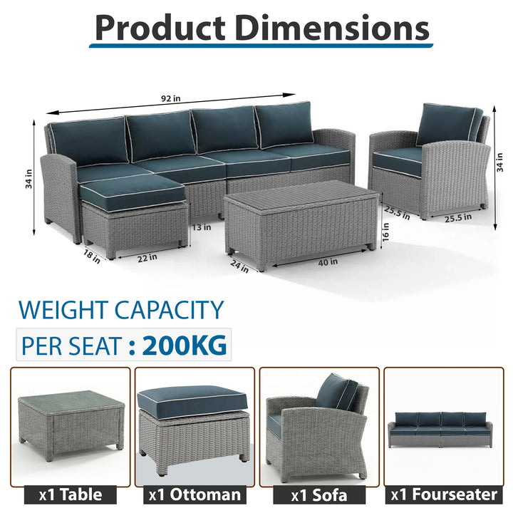 Kuisi Outdoor Garden Balcony Sofa Set 4 Seater, 1 Single seater With 1 Ottoman and 1 Center Table Set (Grey)