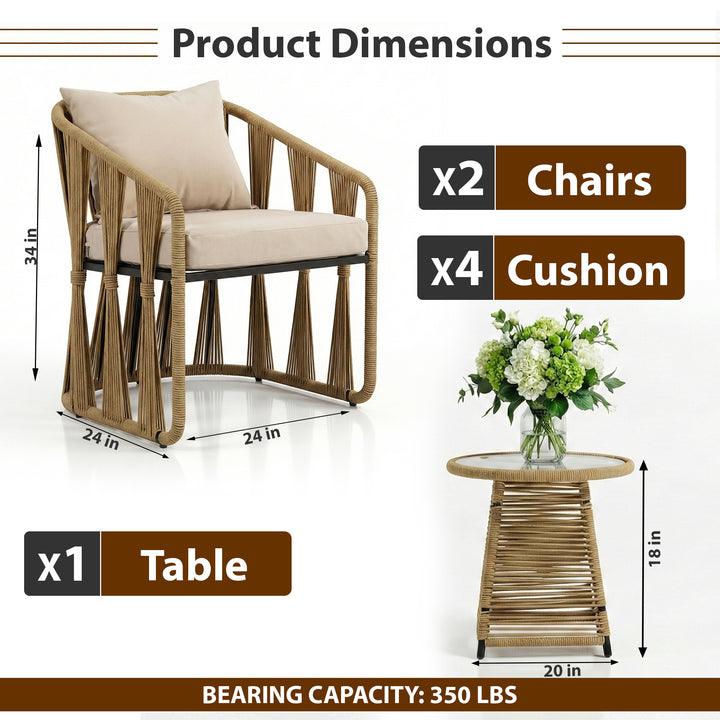 Varqo Outdoor Patio Seating Set 2 Chairs and 1 Table Set Braided & Rope