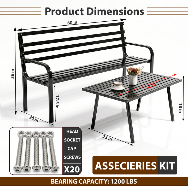 Boyle Metal 3 Seater and 1 Table Garden Bench for Outdoor Park - (Black)