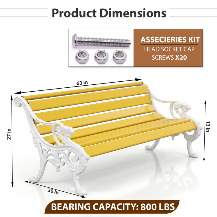Pryce Cast Iron 3 Seater FRP Garden Bench for Outdoor Park - (White + Yellow)