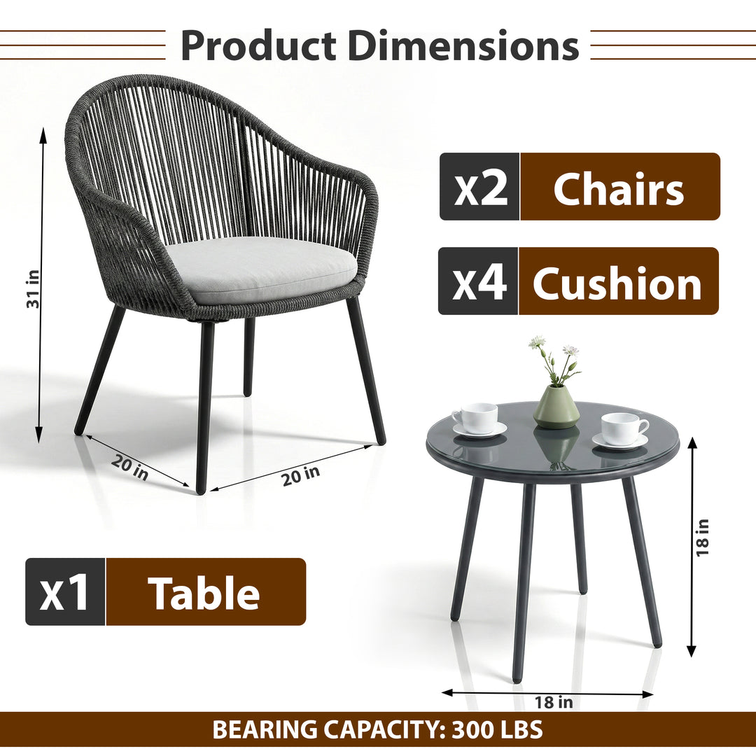 Conti Outdoor Patio Seating Set 2 Chairs and 1 Table Set (Grey) Braided & Rope