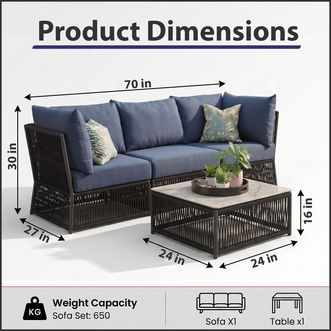 Adán Outdoor Sofa Set 3 Seater and 1 Center Table Set Braided & Rope