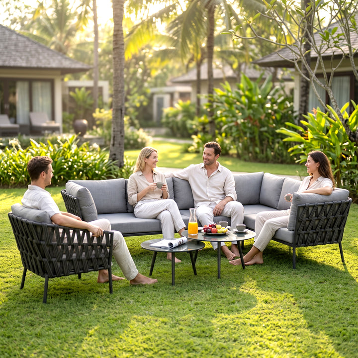 Magnus Outdoor Sofa Set 5 Seater, 1 Single seater and 2 Center Table Set (Dark Grey) Braided & Rope
