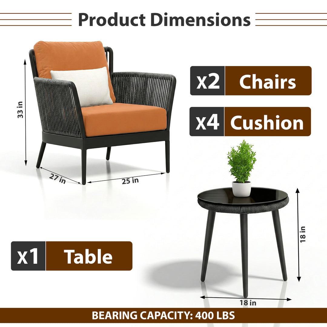 Tito Outdoor Patio Seating Set 2 Chairs and 1 Table Set (Grey) Braided & Rope