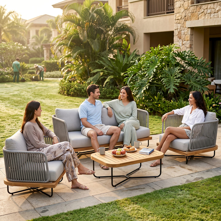 Eros Outdoor Garden Balcony Sofa Set 2 Seater , 2 Single Seater 1 Center Table Set Braided and Rope (Grey)