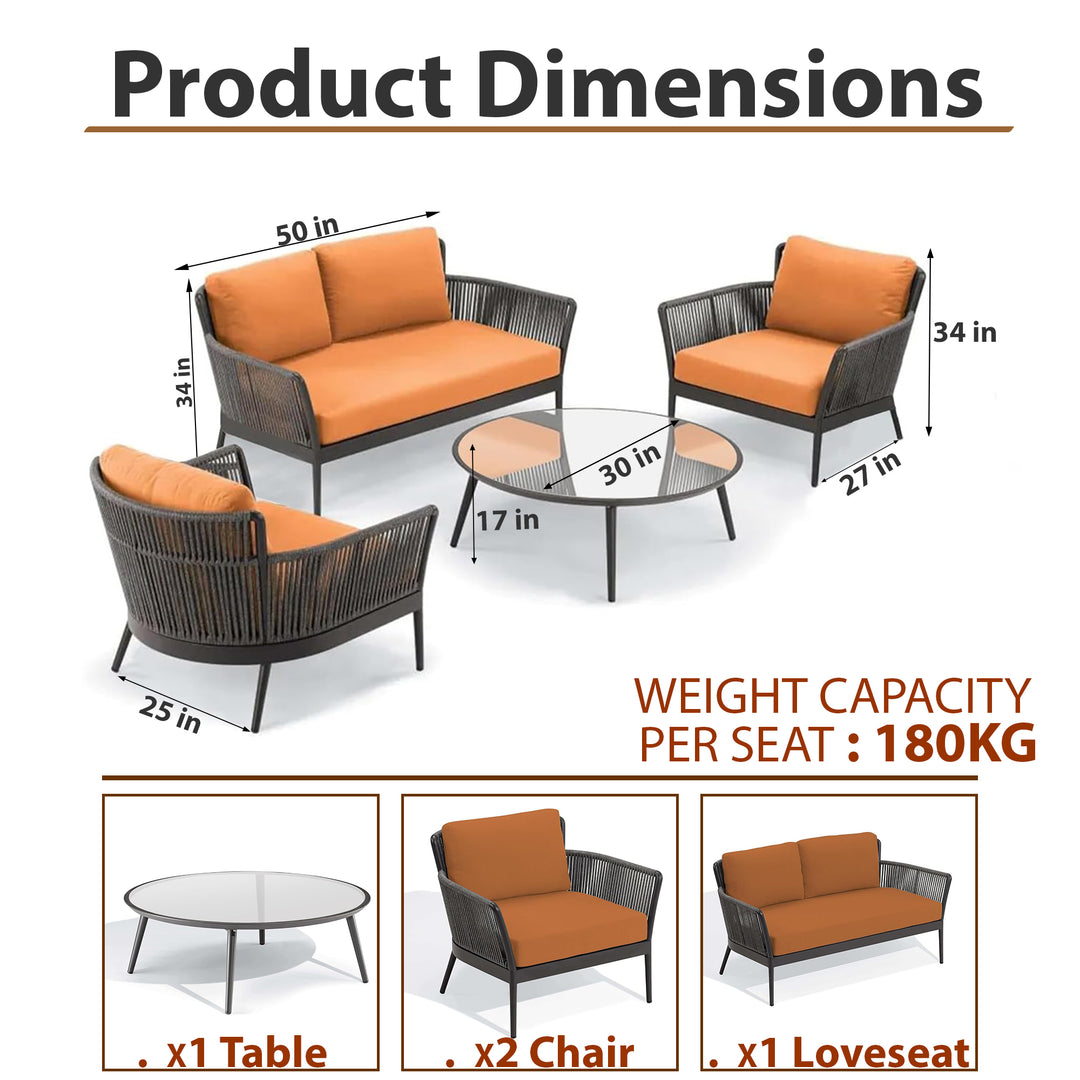 Rua Outdoor Garden Balcony Sofa Set 2 Seater , 2 Single Seater 1 Center Table Set (Dark Grey) Braided and Rope