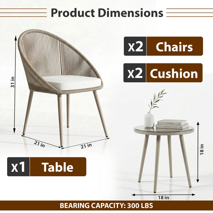 Molo Outdoor Patio Seating Set 2 Chairs and 1 Table Set (Beige) Braided & Rope