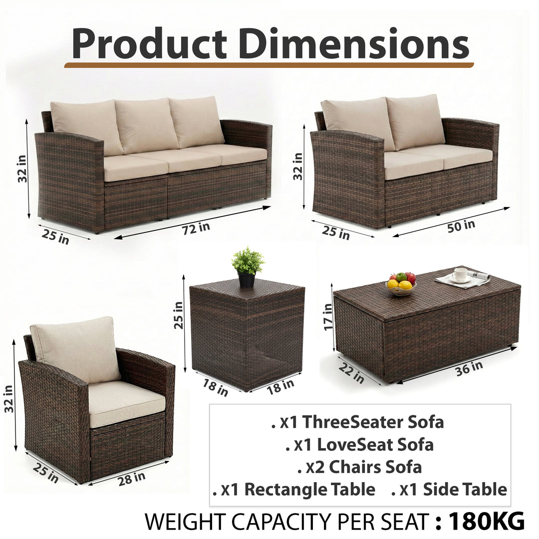 Coye Outdoor Garden Balcony Sofa Set 3 Seater, 2 Seater With 2 Single Seater and 1 Center Table With 1 Side Table Set (Brown)