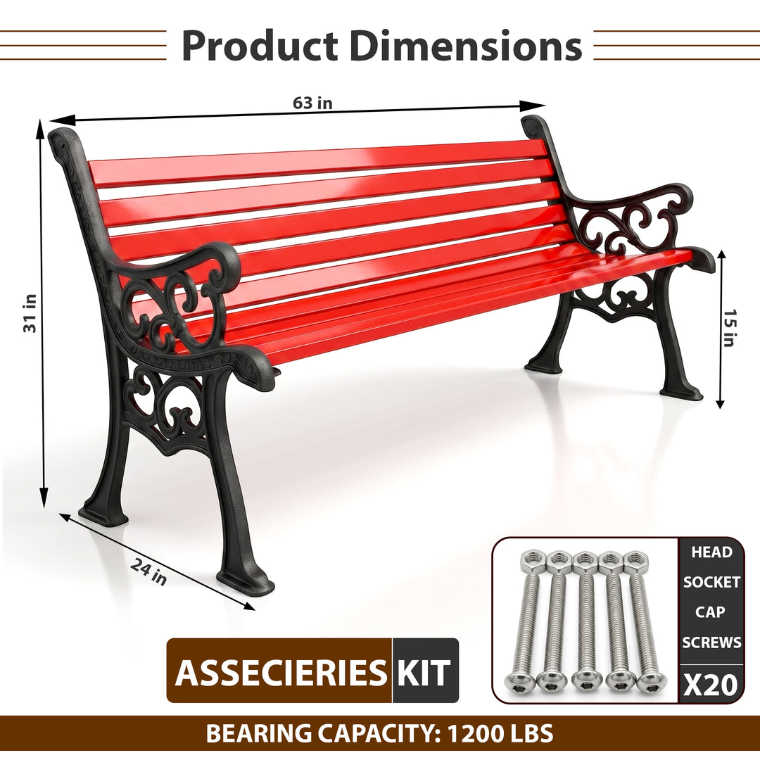 Rely Cast Iron 3 Seater Garden Bench for Outdoor Park - (Black + Red)