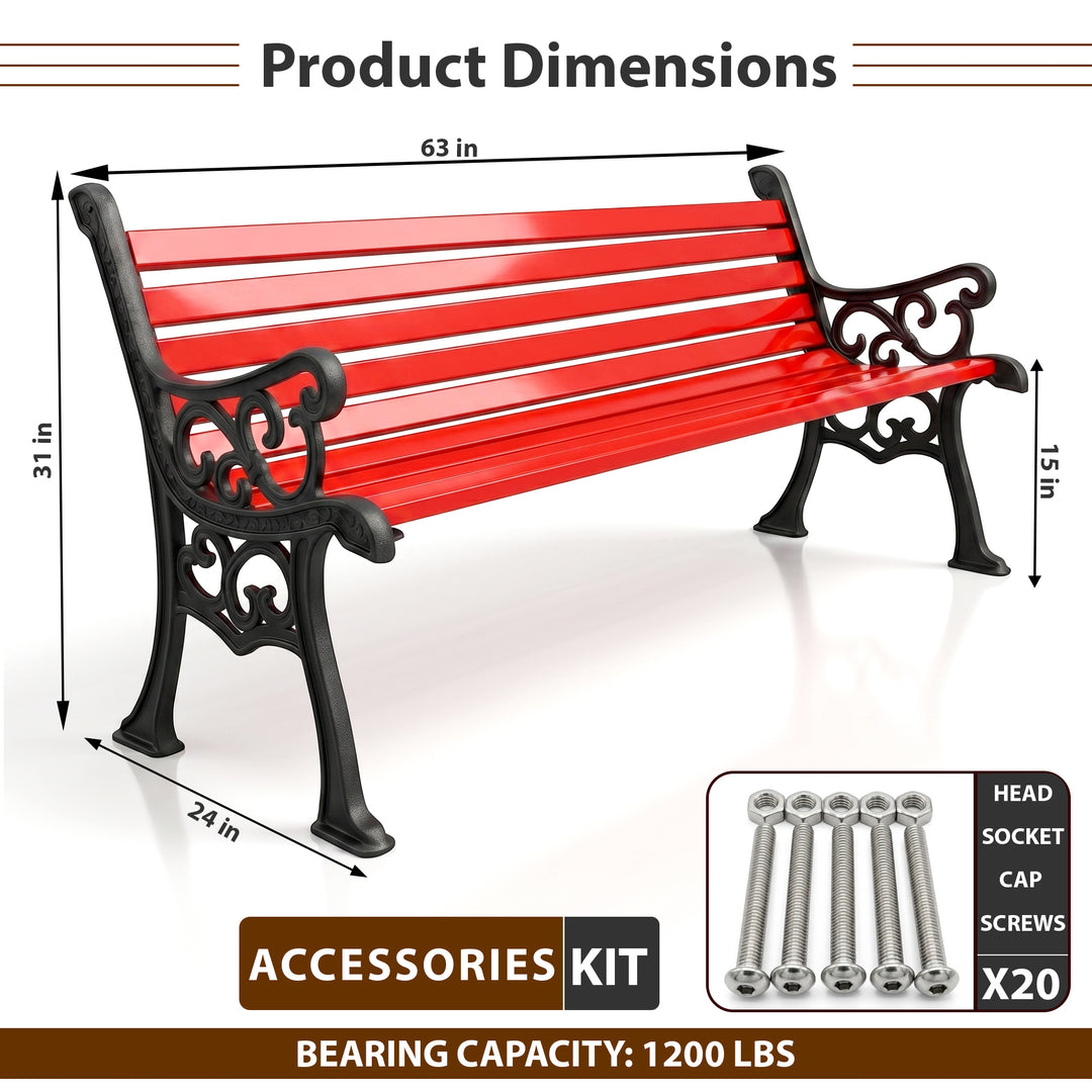 Rely Cast Iron 3 Seater Garden Bench for Outdoor Park - (Black + Red)