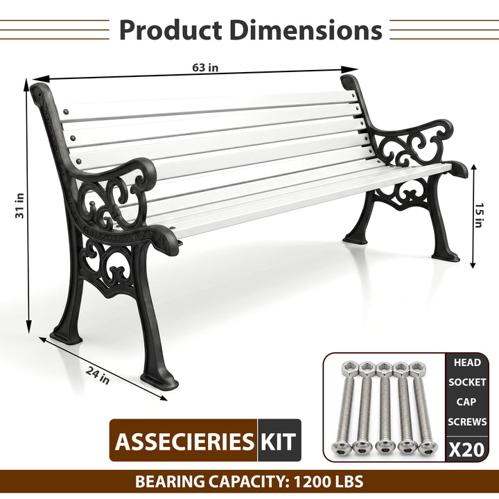 Valor Cast Iron 3 Seater Garden Bench for Outdoor Park - (Black + White)