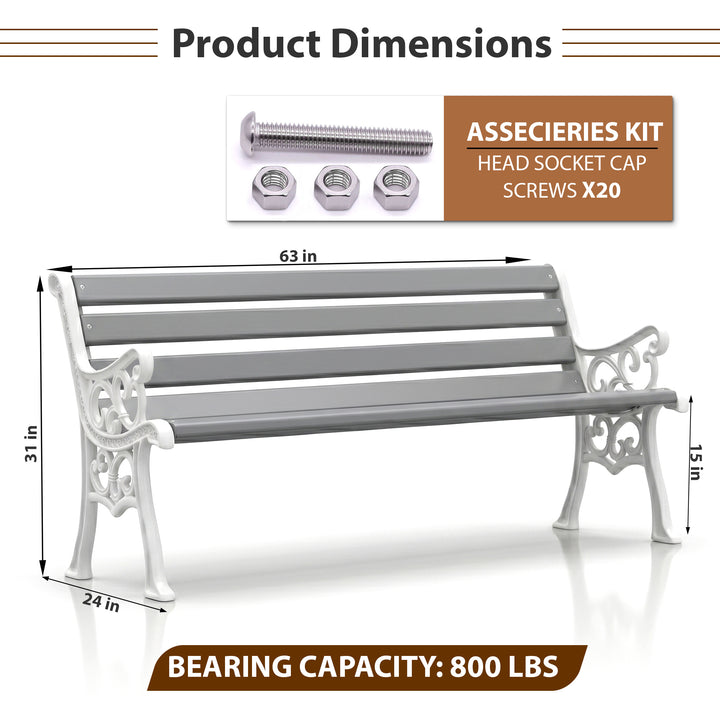 Eira Cast Iron 3 Seater FRP Garden Bench for Outdoor Park - (White + Grey)