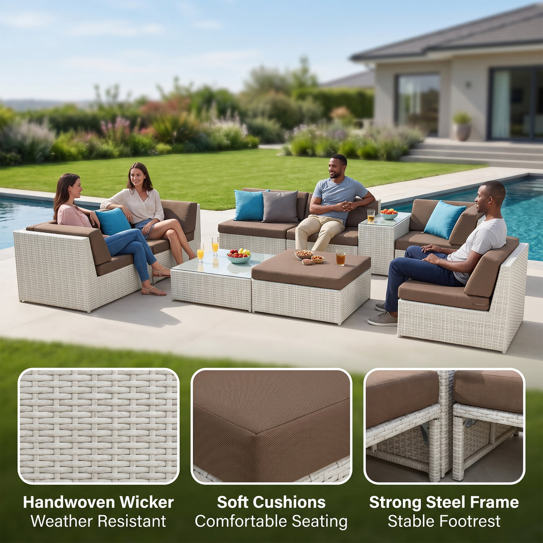 Ferri Outdoor Patio Sofa Set 6 Seater , 1 Footstool , 1 Side table and 1 Center Table (White)