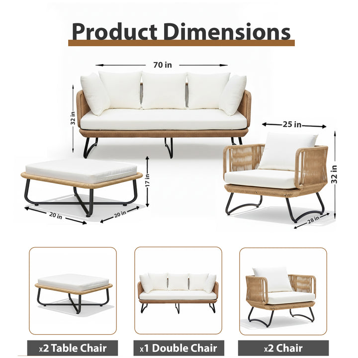 Kuub Outdoor Sofa Set 3 Seater, 2 Single seater,2 Ottoman(Tan)
