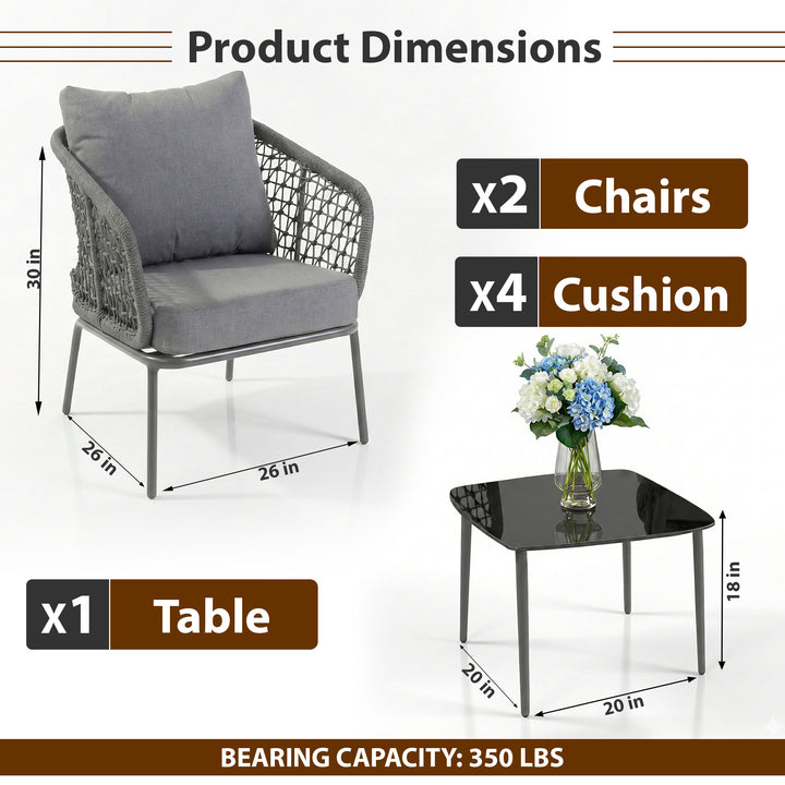 Filix Outdoor Patio Seating Set 2 Chairs and 1 Table Set (Grey) Braided & Rope
