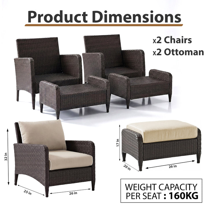 Eclore Outdoor Sofa Set  2 Single seater with 2 ottoman  (Brown)