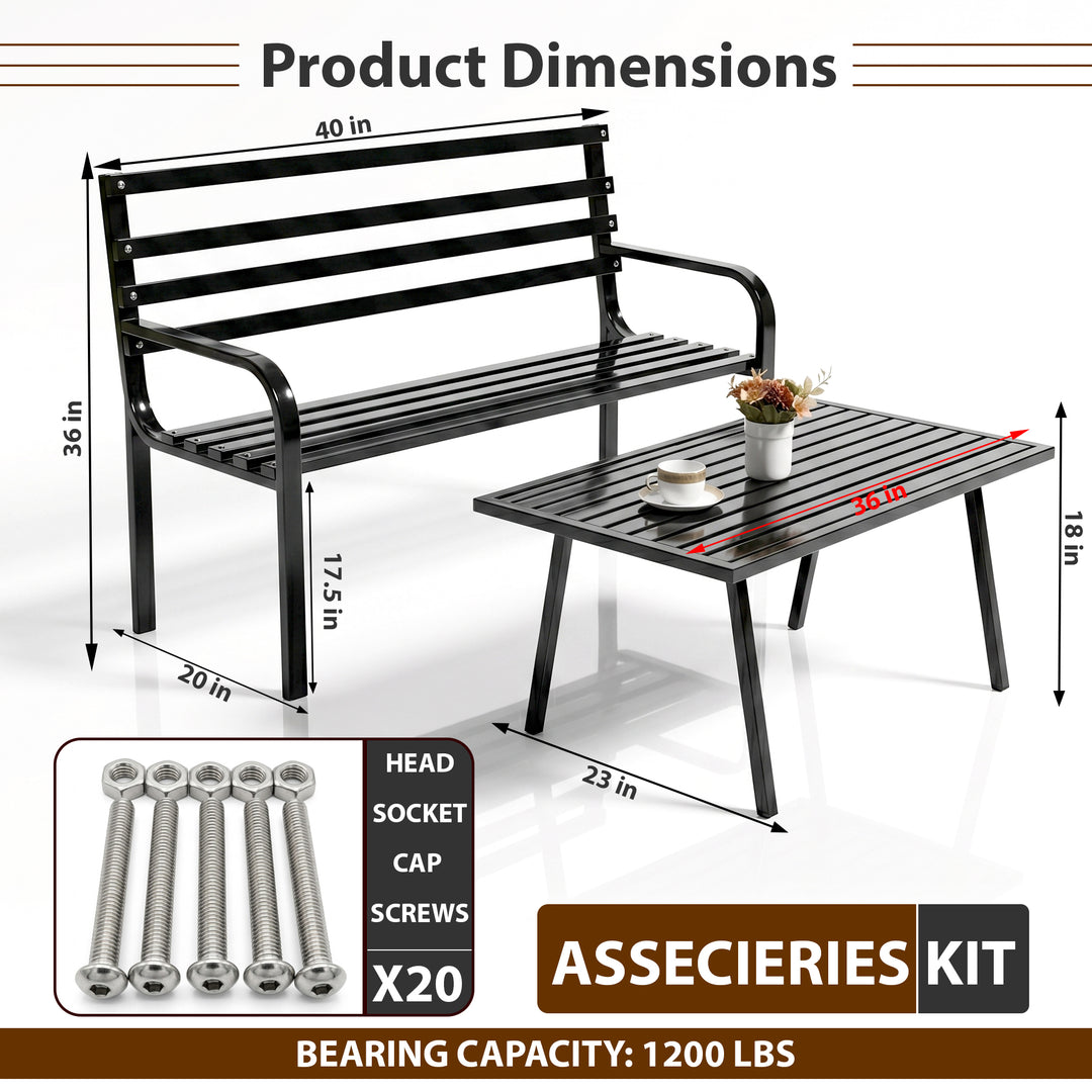 Carrillo Metal 2 Seater and 1 Table Garden Bench for Outdoor Park - (Black)