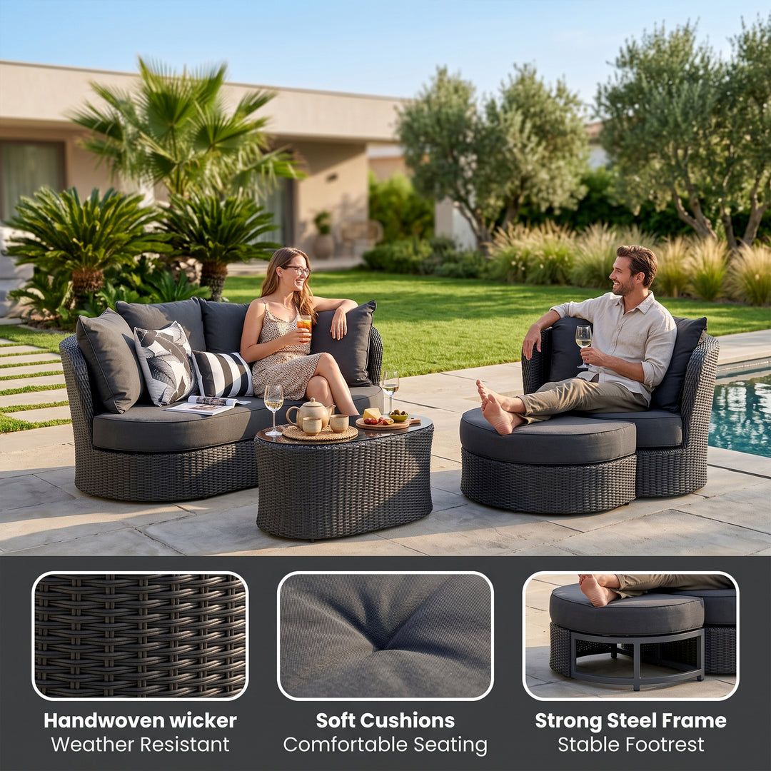 Comox Outdoor Garden Balcony Sofa Set 2 Seater, Single seater and 1 Center Table with Ottoman Set (Black)