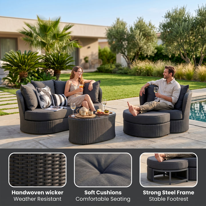 Comox Outdoor Garden Balcony Sofa Set 2 Seater, Single seater and 1 Center Table with Ottoman Set (Black)