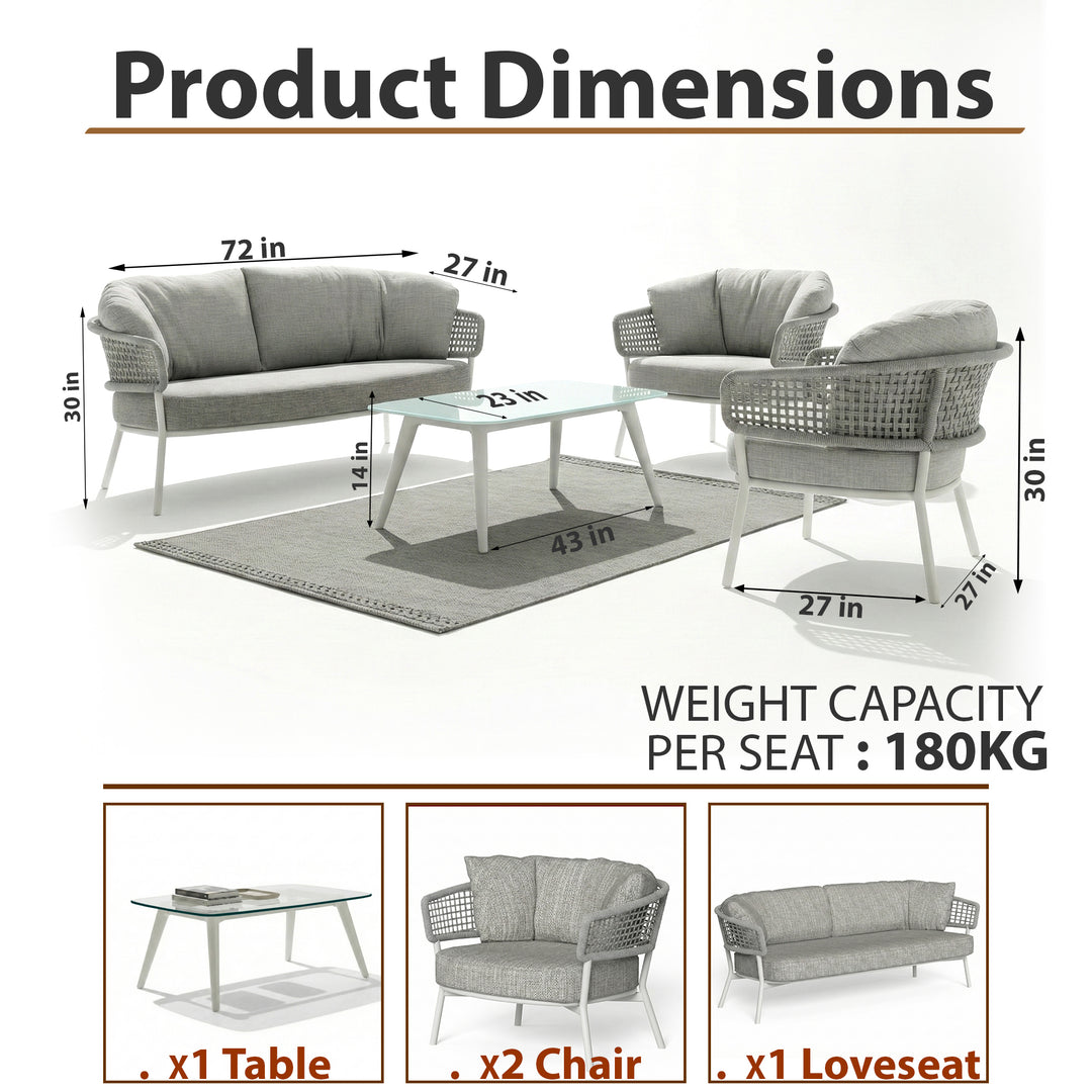 Zion Outdoor Sofa Set 3 Seater , 2 Single seater and 1 Center Table Set (Grey) Braided & Rope
