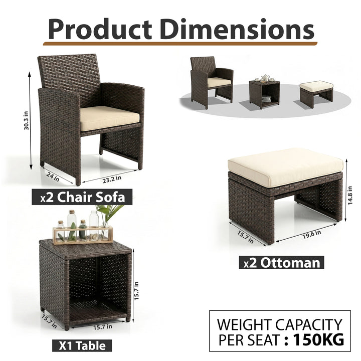 Calabresi Outdoor Seating Set 2 Single seater, 2 Ottoman and 1 Center Table (Brown + Beige)