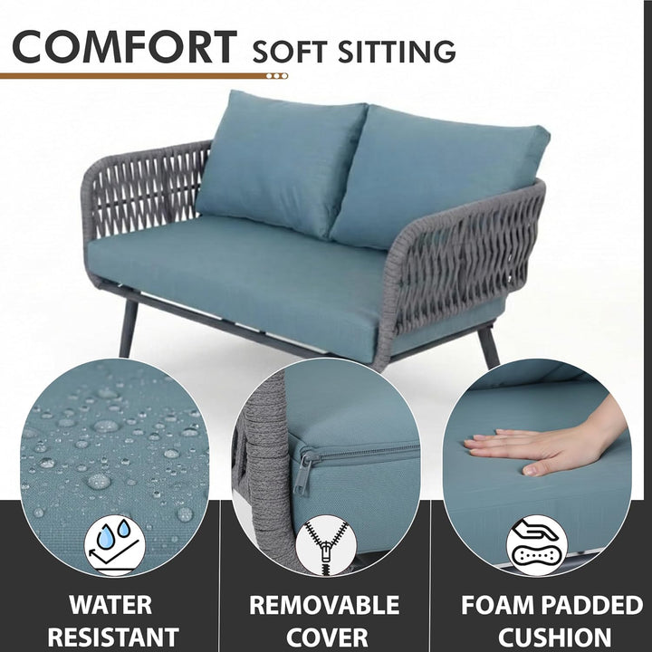 Polari Outdoor Garden Balcony Sofa Set 2 Seater , 2 Single Seater 1 Center Table Set (Grey) Braided and Rope