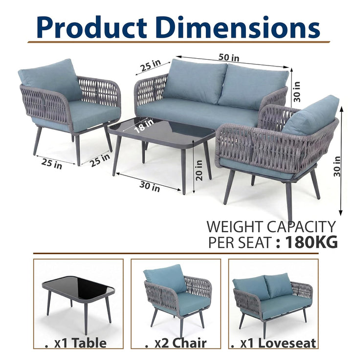 Polari Outdoor Garden Balcony Sofa Set 2 Seater , 2 Single Seater 1 Center Table Set (Grey) Braided and Rope