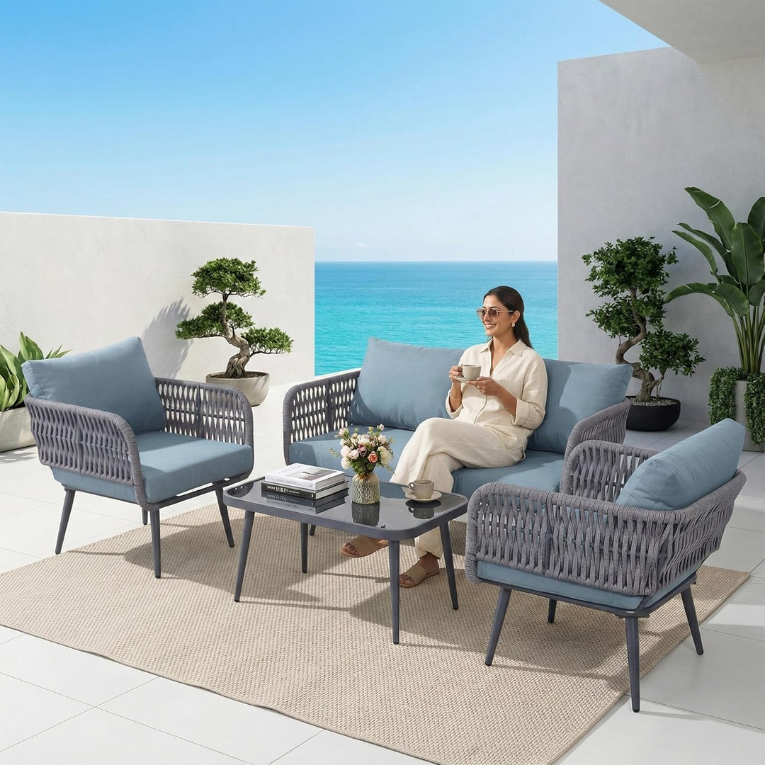 Polari Outdoor Garden Balcony Sofa Set 2 Seater , 2 Single Seater 1 Center Table Set (Grey) Braided and Rope