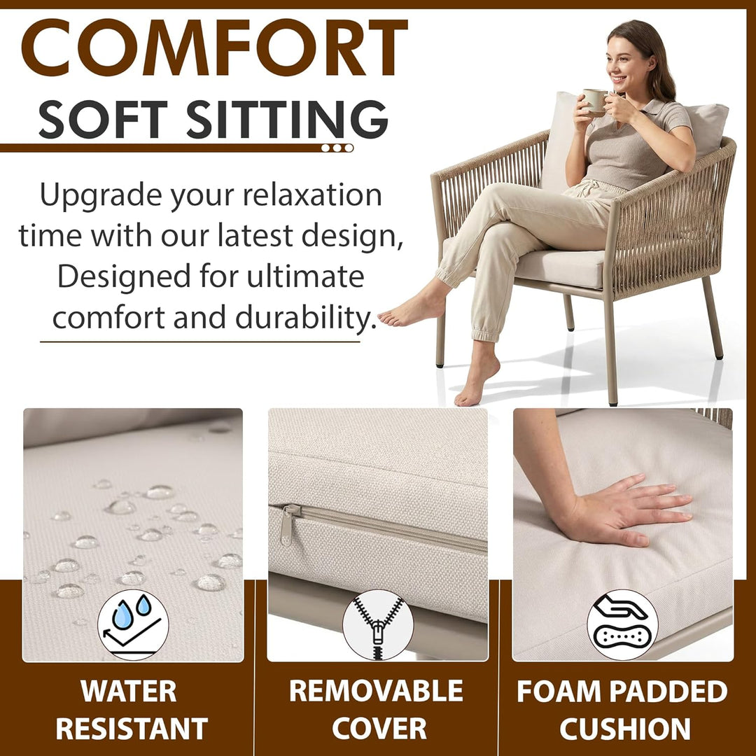 Kalpa Outdoor Patio Seating Set 2 Chairs and 1 Table Set (Beige) Braided & Rope