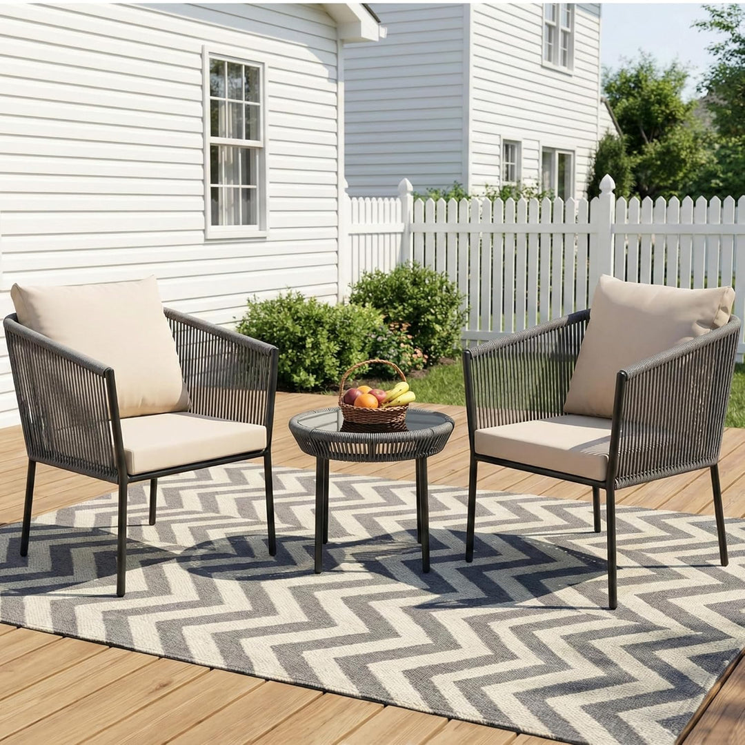 Kalpa Outdoor Patio Seating Set 2 Chairs and 1 Table Set (Beige) Braided & Rope