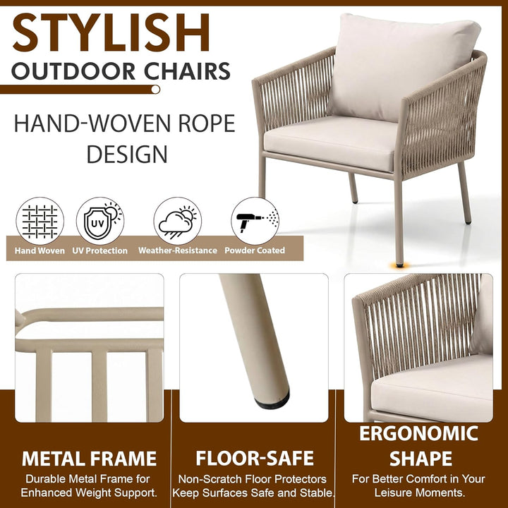 Kalpa Outdoor Patio Seating Set 2 Chairs and 1 Table Set (Beige) Braided & Rope