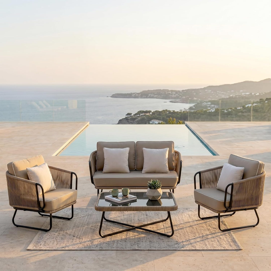 Belle Outdoor Garden Balcony Sofa Set 2 Seater , 2 Single Seater 1 Center Table Set (Beige) Braided and Rope