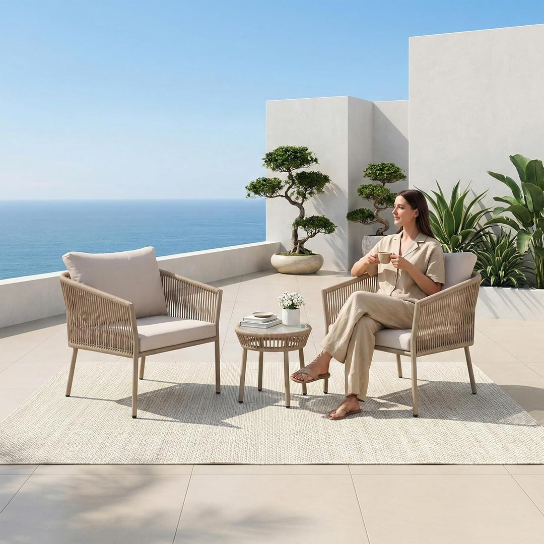 Kalpa Outdoor Patio Seating Set 2 Chairs and 1 Table Set (Beige) Braided & Rope